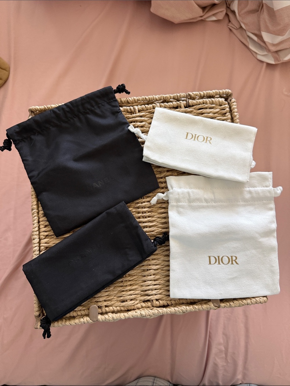 (Authentic) Dior White & Chanel Black Small Drawstring Pouch Set Logo